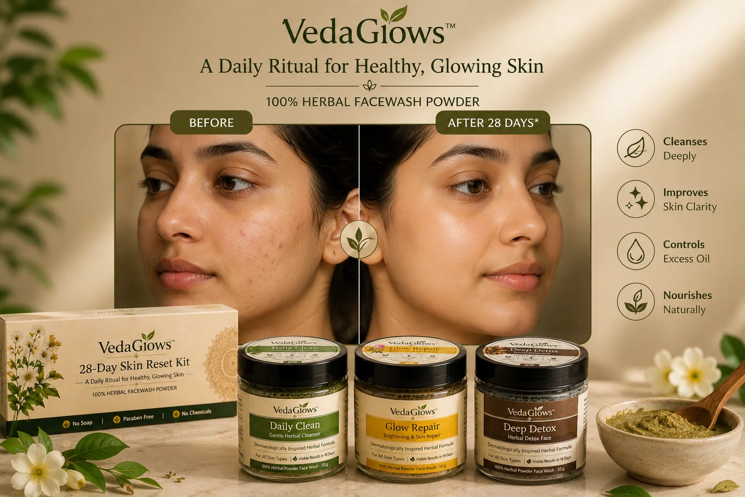 VedaGlows 28-Day Skin Reset Starter Kit with Daily Clean, Glow Repair, and Deep Detox